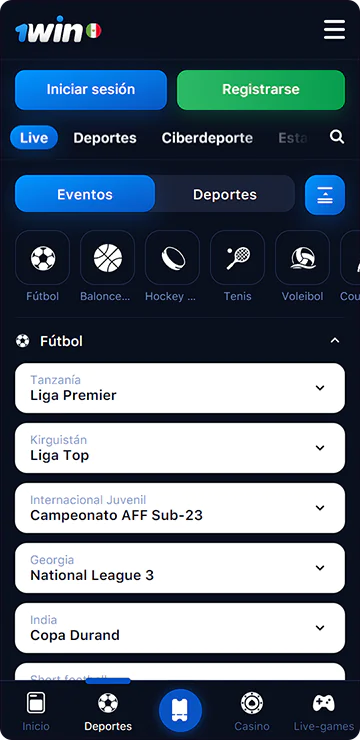 Captura de pantalla de la sección de deportes de la aplicación 1Win
