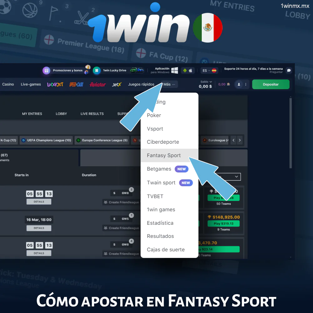 Como apostar a Fantasy Sport en 1win MX