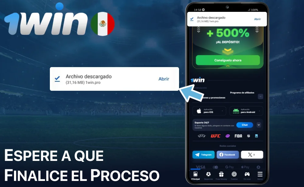 Espere a que finalice el proceso de instalación de la aplicación 1win