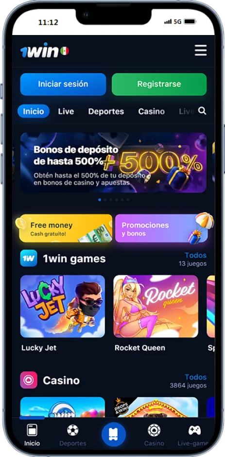 Captura de pantalla de la página de inicio de la aplicación 1win