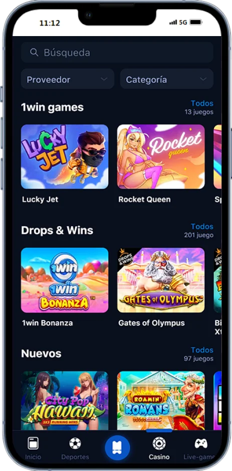 Captura de pantalla de la sección de casino de la app 1win