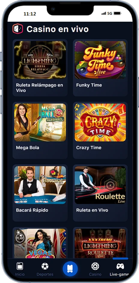 Captura de pantalla de la página del casino en vivo en la aplicación 1win