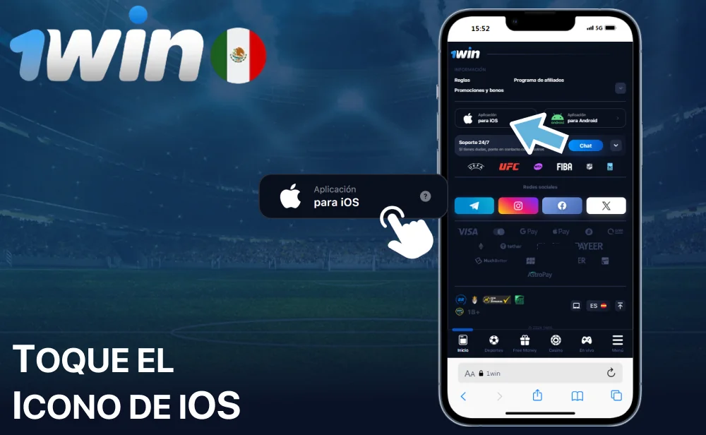 Toque el icono de iOS en el sitio web de 1win